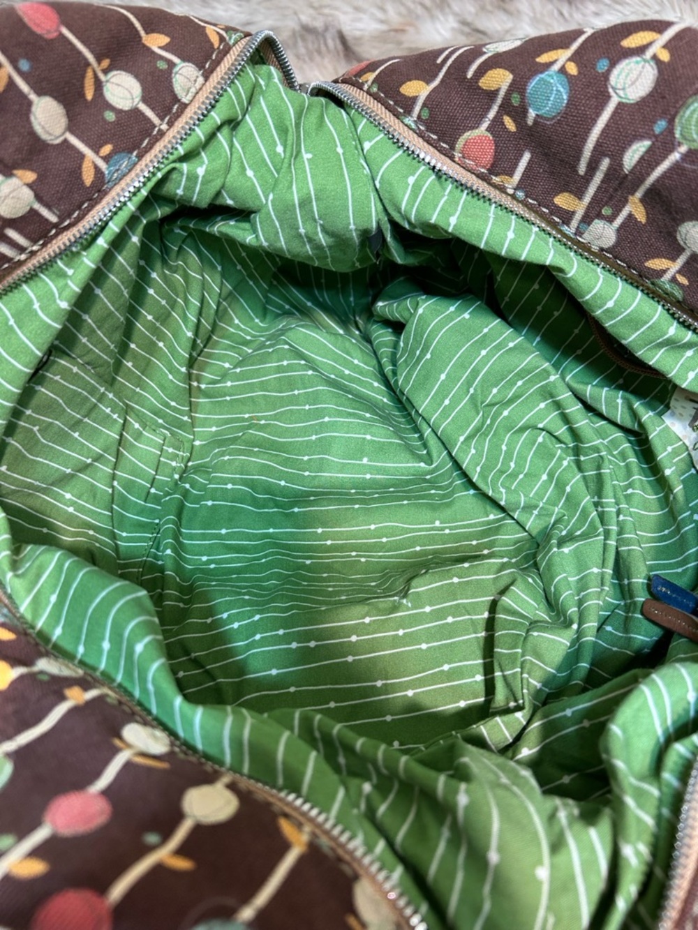 Fossil Brown Canvas Tote with Colorful Dot Stem Print and Green Lined Interior - Picture 7 of 9